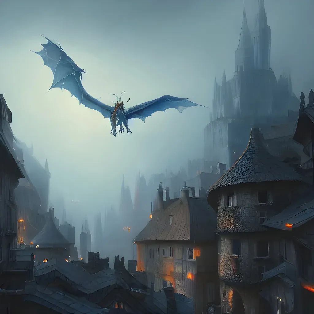 Prompt: concept art digital painting of a blue dragon flying over a sprawling medieval fantasy city, foggy, nighttime, lights in the windows, cosy lighting, cinematic composition, by Alejandro Bursido and Greg Rutkowski, trending on artstation.