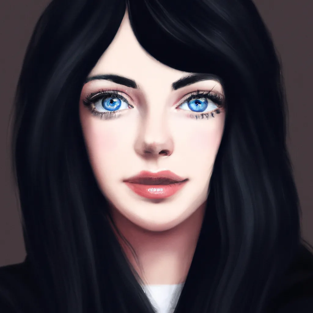 Prompt: Digital portrait of a beautiful woman with big blue eyes and bags under her eyes, black long hair and pale skin, digital art, 3D digital oil painting
