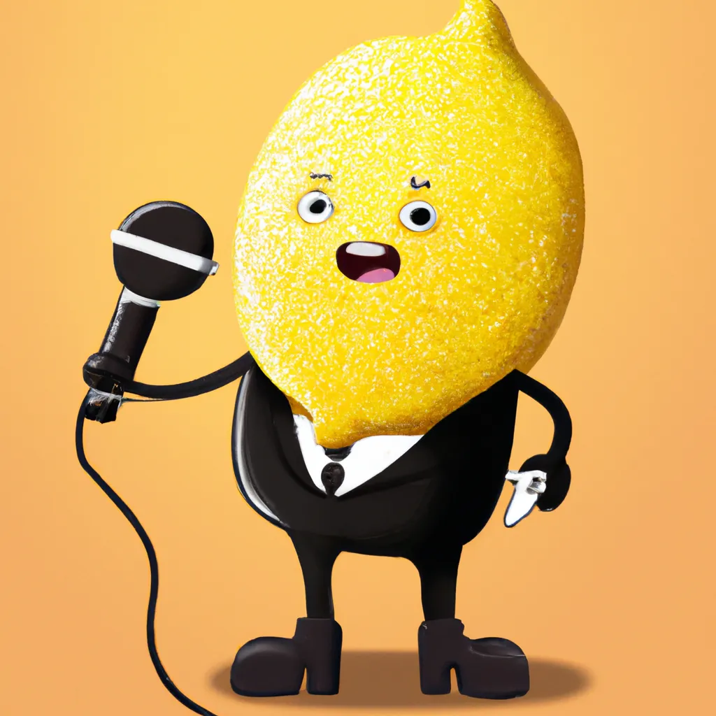 Prompt: A lemon character dressed as Rick Astley holding a microphone, digital art