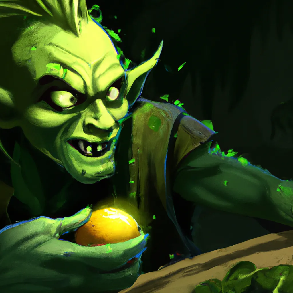 Prompt: A Powerful green Goblin discovering the Magic Of Lemons, epic, 8k, Greg rutkowski