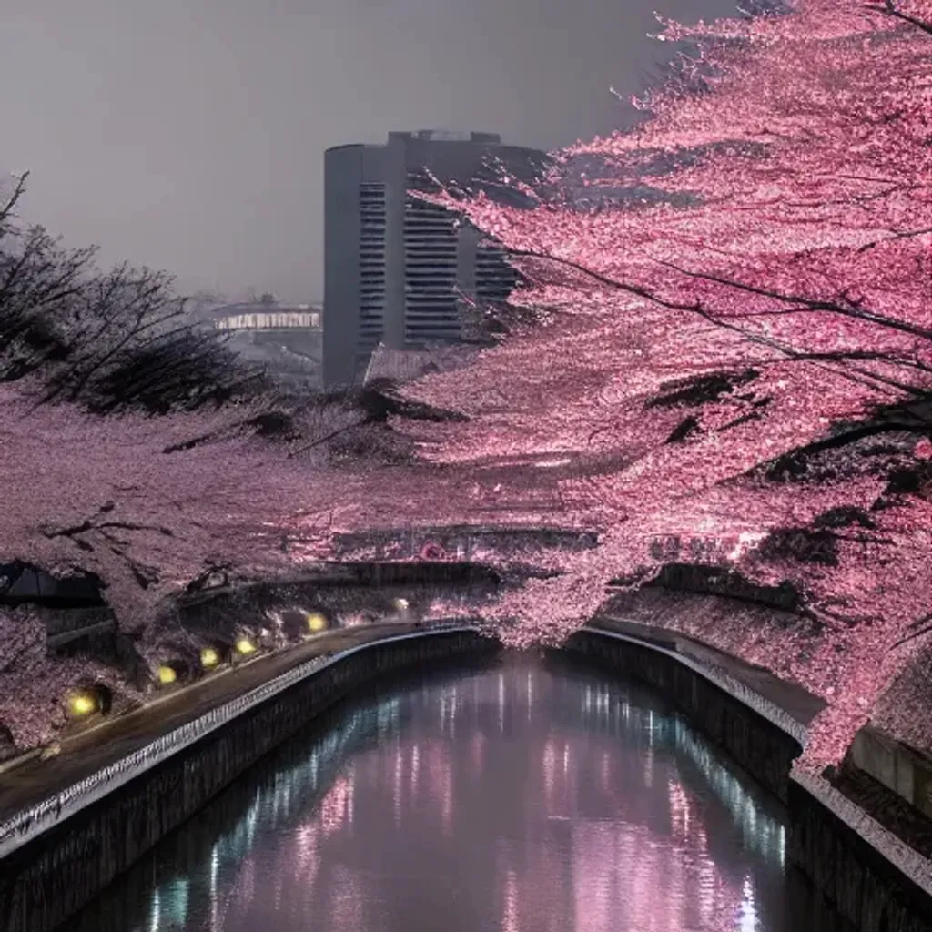 Prompt: cold and dark japanese metropolis, cherry blossom trees, trending on artstation hq, deviantart, pinterest, 4 k uhd image