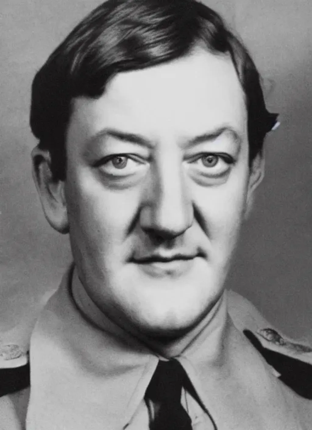 Prompt: Photograph of Stephen Fry as a soldier in World War II, black and white