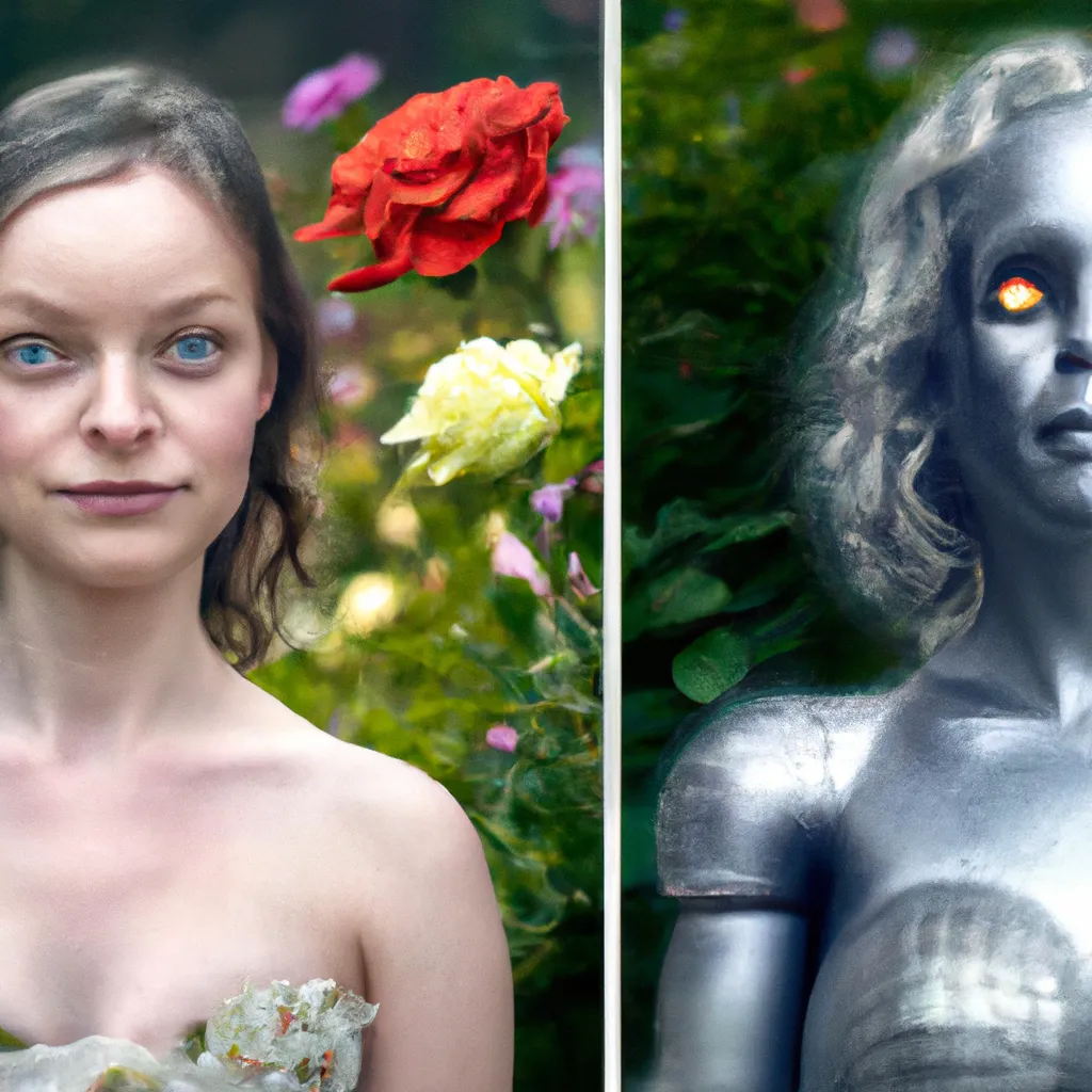 Prompt: photo realistic, concept art, dramatic poses of AI robots vs plain old human, plain old good versus Evil, gorgeous symmetric faces, fine-arts photography, award-winning photo, by Martin Schoeller 8k high definition dramatic poses bokeh futuristic cities and permaculture garden