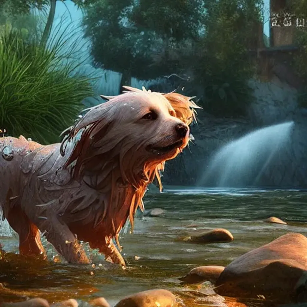 Prompt: splash art of a wet dog shaking its fur, water flies from the dog, peaceful river nearby, fish splashing nearby, atmospheric perspective, noon, cheerful mood, action shot, special effects, heroic fantasy art, hd octane render