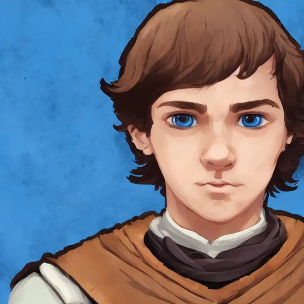 Prompt: handsome, brown-haired, blue-eyed, caucasian male child with medieval clothing, in the style of sachin teng