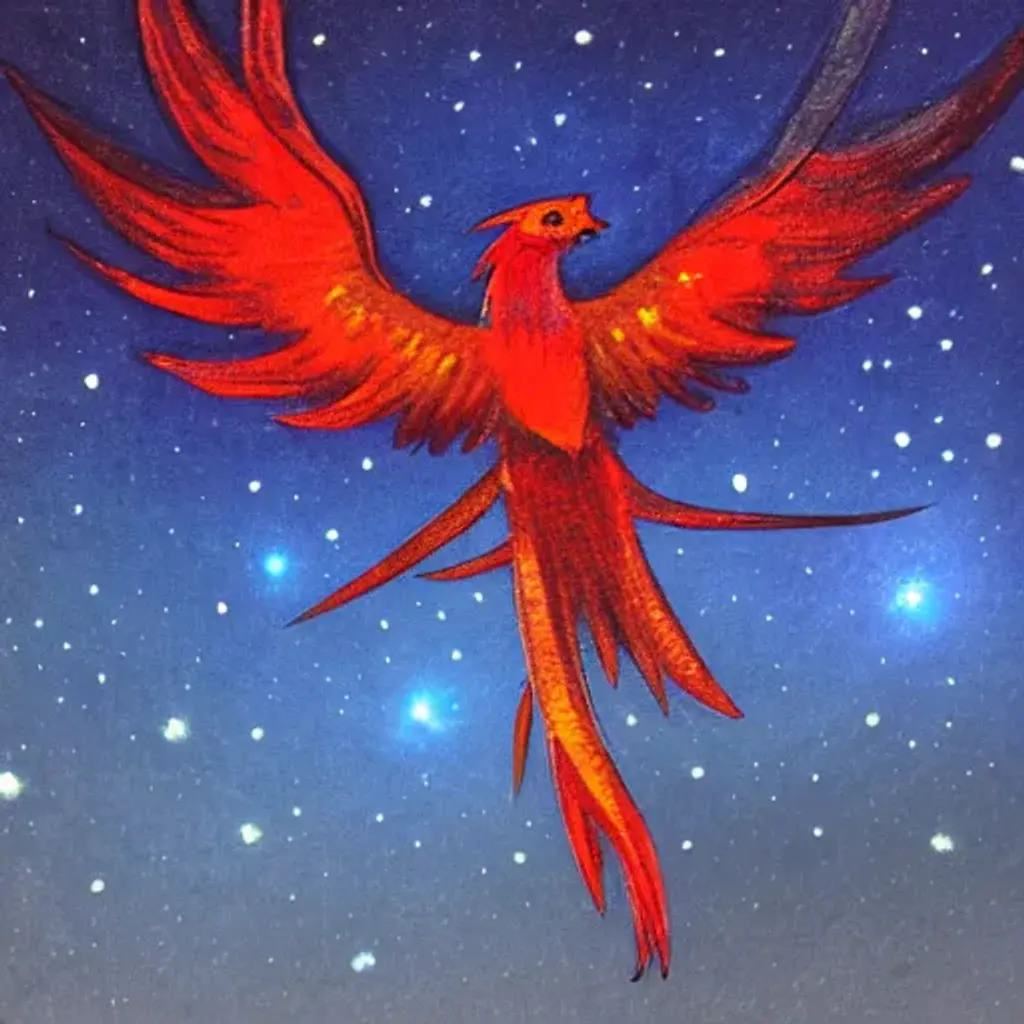 Prompt: A  red phoenix flying in the night sky.