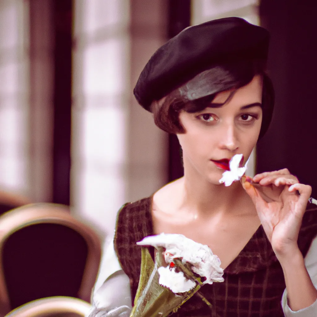 Prompt: A beautiful woman eating a croissant by the French café , vintage , 1950s France , post ww2 , beret , short hair , mime , wilted flowers , extreme wide shot , environment , Eiffel tower , photorealistic , camera , f1.2 , iso 800