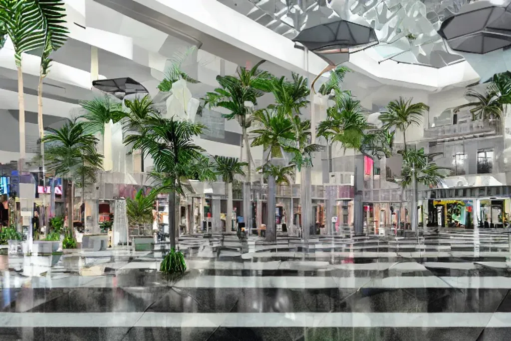 Prompt: multi story vaporwave aesthetic indoor liminal 90s mall with central water fountain, columns, checkered floor tiles, palm trees, neon lights, Wide angle shot, 4k octane render, Fuji film, intricate detail, photoreal, cinematic, sublime atmosphere, at night time, colored lighting