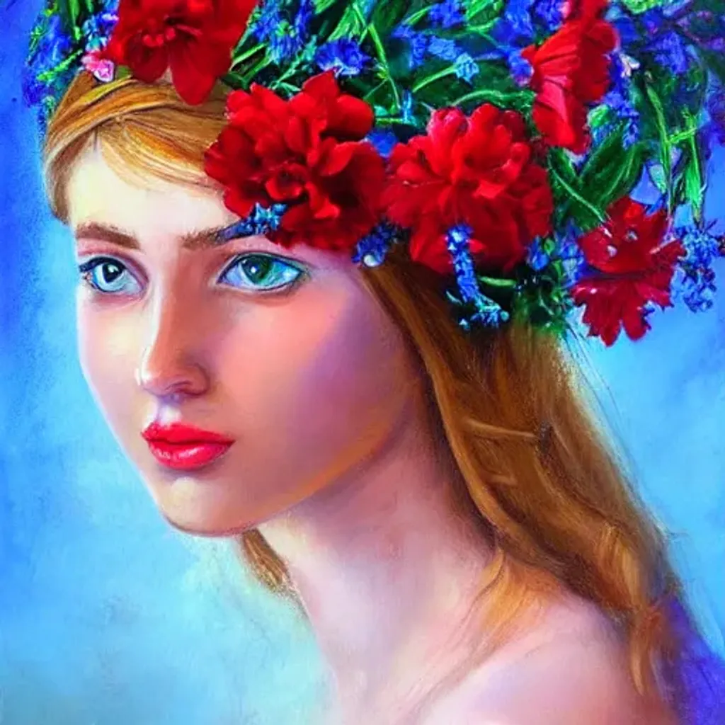 Prompt: Beautiful  Woman with flower crown, flowers in hair, red flowers, beautiful portrait, blue sky, highly detailed, oil painting, tom Vanasthali  style. Boring DALLE-2