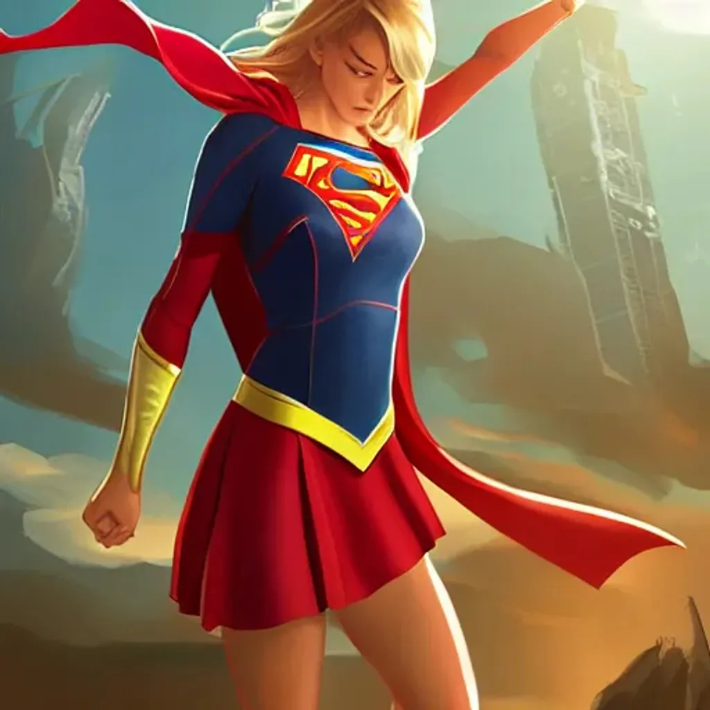 Prompt: Supergirl, highly detailed, digital painting, artstation, facing camera, concept art, smooth, sharp focus, illustration, art by artgerm and greg rutkowski, high definition digital art, dramatic lighting, in the style of ilya kuvshinov and Ross tran