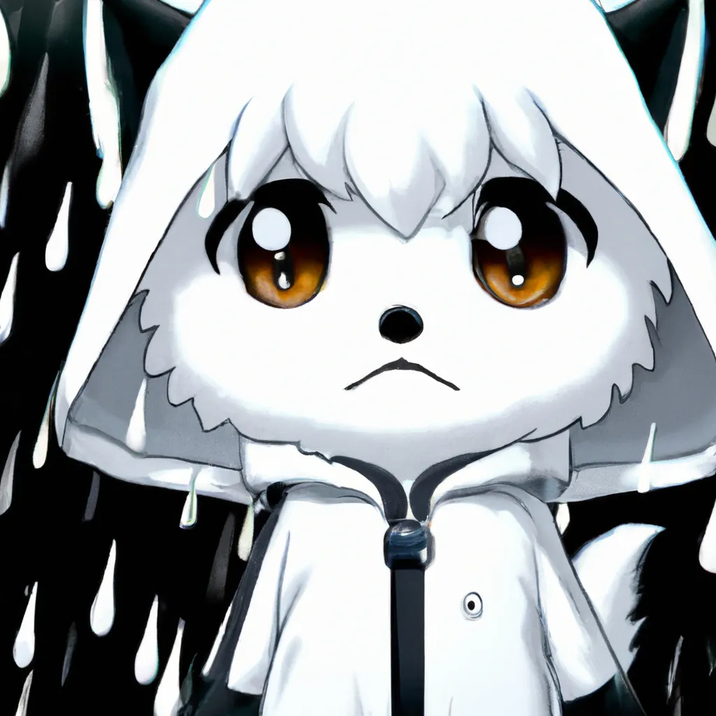 Prompt: anime key visual of a cute adorable white dog wearing a black raincoat, cute and chibi, adorable, minimalistic, shot by Akiyoshi Hongo, official media