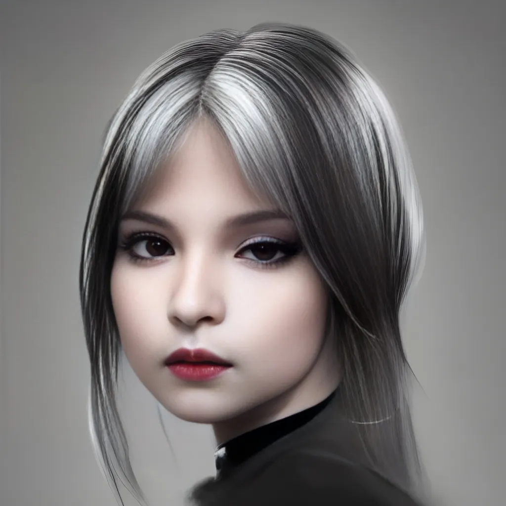 Prompt: highly detailed portrait of a pretty young cute girl, looking at the camera, white hairs, eyeliner makeup, black skirt, black clothes, black crop top, full length, ultra-realistic soft sun lighting, Redshift Render, hd, 4k, 8k, artstation, illustration, teenager, in style of sam yang, in style of greg rutkowski