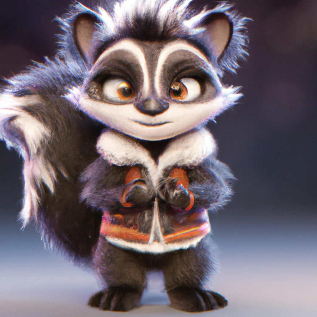 Prompt: High quality, Pixar style, tiny cute and adorable fluffy skunk dressed in fantasy clothes, fantasy outfit, fantasy dress, small, adorable!, skunk, anthropomorphic ,dnd, adventurer, dramatic lighting, 8k, portrait, cartoon, fine details, 3d render, cinematic ,intricate details, cinematic lighting, character design, character concept, cute, mascot, adventure, dungeons and dragons, 8k, fluffy!, tsaoshin, pixar movie key visual, fantasy, DnD, adorable!, big eyes, animated, disney, anime, animation