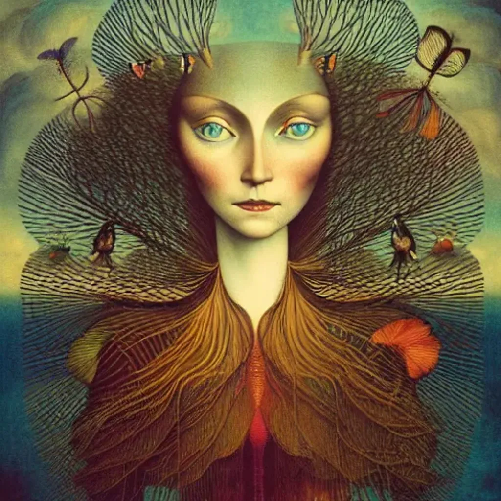 Prompt: Peruvian arpillera Oxana dobrovolska victo ngai henry rousseau Vladimir kush peregrine heathcoate catrin welz-stein Andrea kurti Andrea kowch 