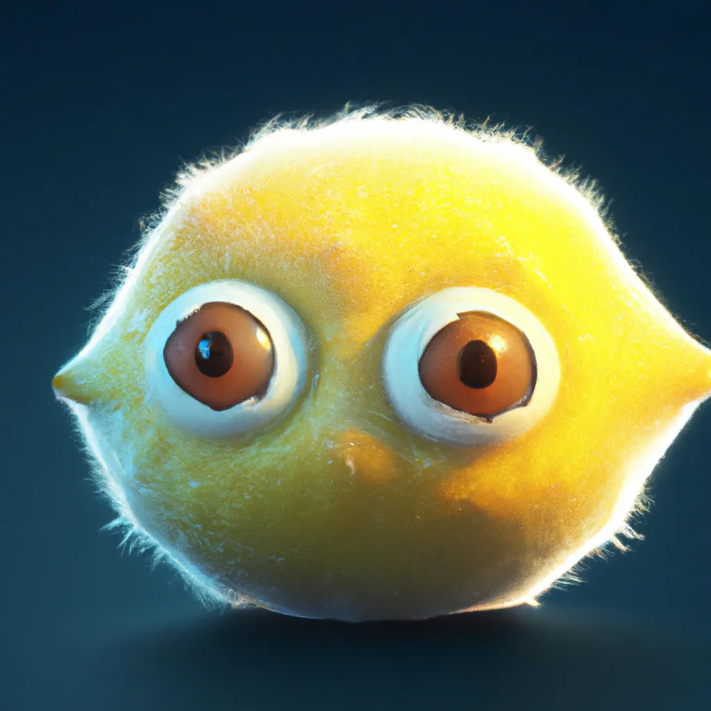 Prompt: 3D render of a cutest extra fluffy tropical lemon creature with large eyes, Soft and poofy in an aquarium on a dark blue background, digital art