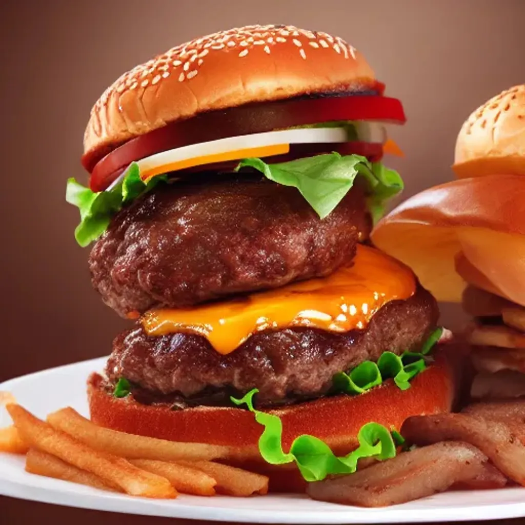 Prompt: A highly detailed image of a stack of hamburgers; square view; symmetrical; dynamic lighting; food commercial 