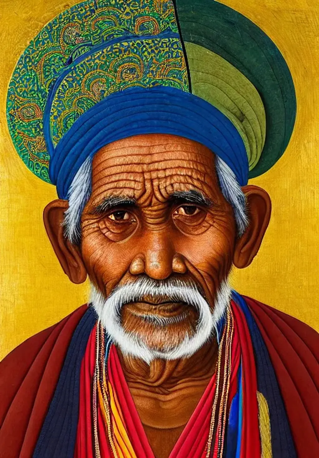 Prompt: Portrait of an an old aboriginal man by mughal painting, thangka painting, coherent features, intricate multi-colored background, quantum tracing, smallest ultra-frequent lines, linear ultra-finest surface texture, textured, interlaced, hyper-detailed, masterpiece, 8k, hdr. 