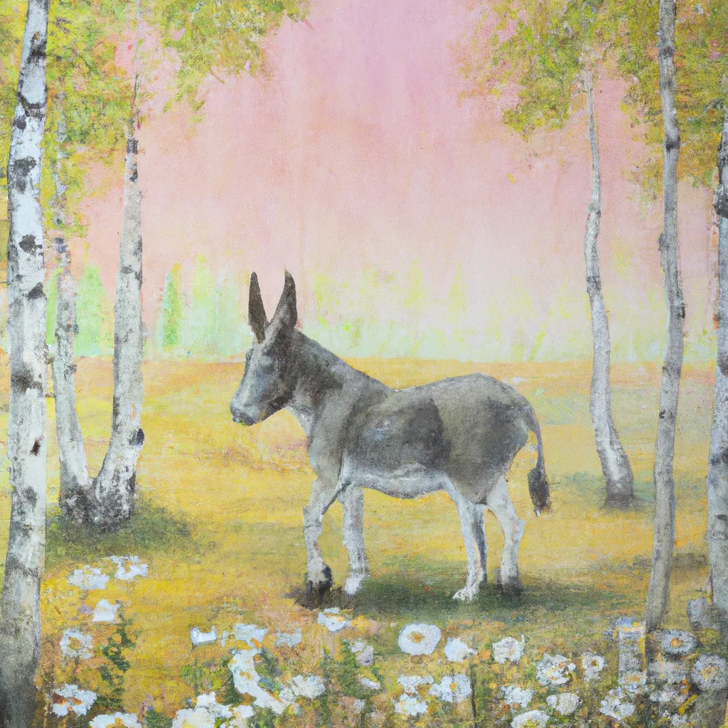 Prompt: painting of a donkey in a field of flowers, birch trees, scenic, idealic, soft light