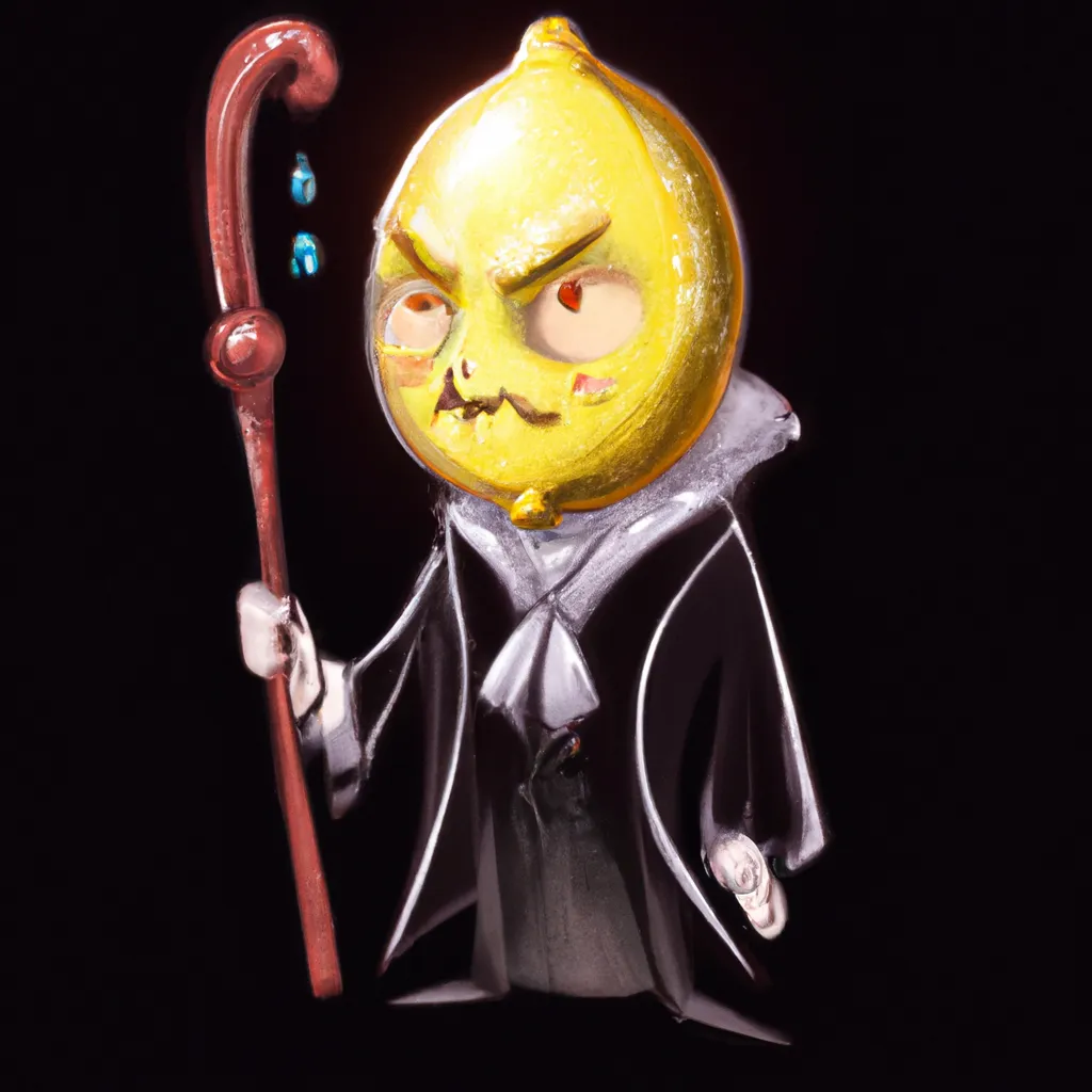 Prompt: an ultra detailed digital art of a yellow lemon character wearing a black robe and holding a magical cane + accurate facial features