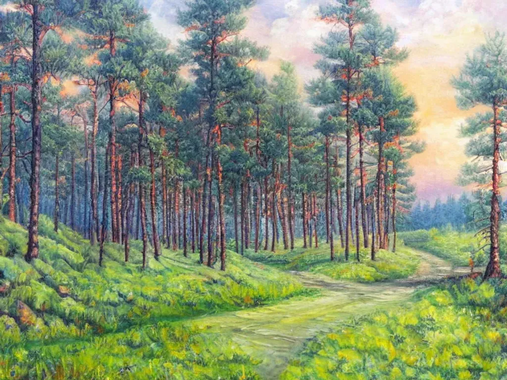 Prompt: Pine forest with paths at cloudy morning, highly detailed oil painting