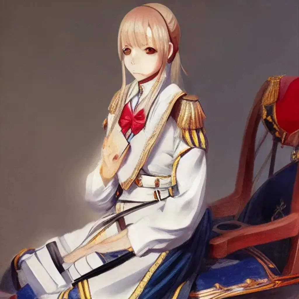 Prompt: character design, anime girl, nepoleanic war, napoleanic general painting, old painting, sitting, uniform, realistic