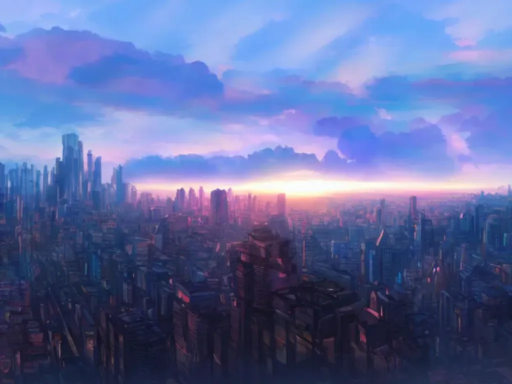 sunset from the city tower anime digital art illustration paint background  wallpaper ilustração do Stock