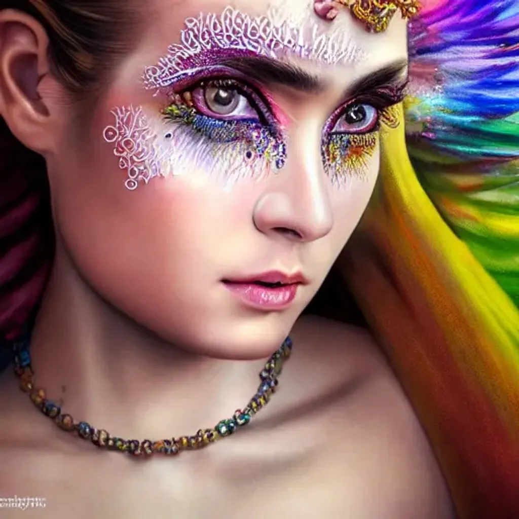 Prompt: highly detailed, hyper realistic, with mandelbrot makeup, beautiful heavenly Angelic Goddess, detailed beautiful eyes, polarizing filter, natural lighting, vivid colors, everything in sharp focus, HDR, UHD, 64K, trending on artstation, glamour shot, intricate details, highly detailed, face portrait, highly detailed, realistic, cinematic, hyper-realistic, masterpiece, photorealistic,  intricate artwork masterpiece, ominous, matte painting movie poster, golden ratio, intricate, epic, trending on artstation, Gerhard Richter, Anna Dittmann,  Artgerm