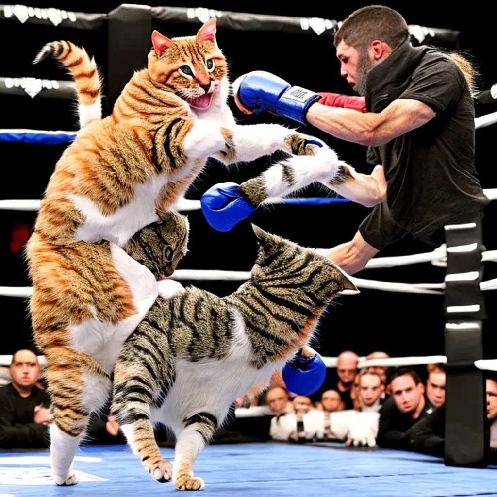 Prompt: tabby cats mma boxing fighting professional level feline sports league gym the most powerful strongest cats boxing ring detailed round