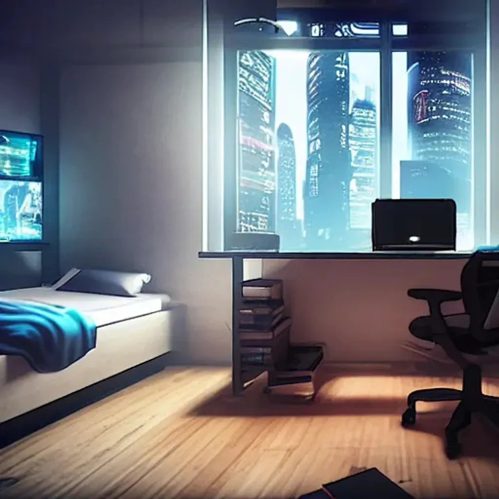 Prompt: cyberpunk room, messy bed, computer in corner, city outside