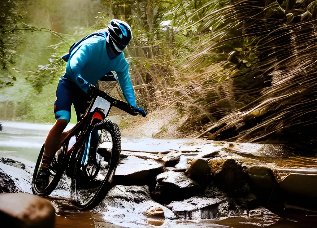 Prompt: daredevil mountain bike cyclist wearing a bike helmet, teal blue jersey, splashing through a creek, handsome rugged man, auburn hair, early 30's, dark brown eyes, breathtaking, slender muscular man, detailed eyes and facial features, artgerm, low angle shot, digital painting, masculine, manly, fantasy atmosphere, great composition, vivid cinematic lighting, cinematic shot, extremely cinematic, detail, realistic