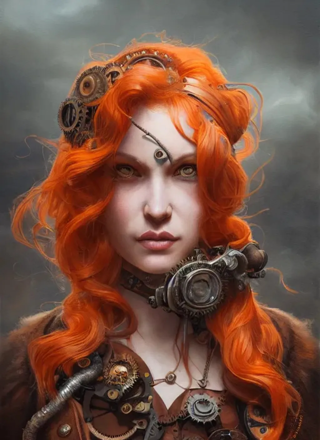 Prompt: Portrait of steampunk woman with dark orange hair and with cute face, western background, perfect composition, hyperrealistic, super detailed, 8k, high quality, trending art, trending on artstation, sharp focus, studio photo, intricate details, highly detailed, by greg rutkowski