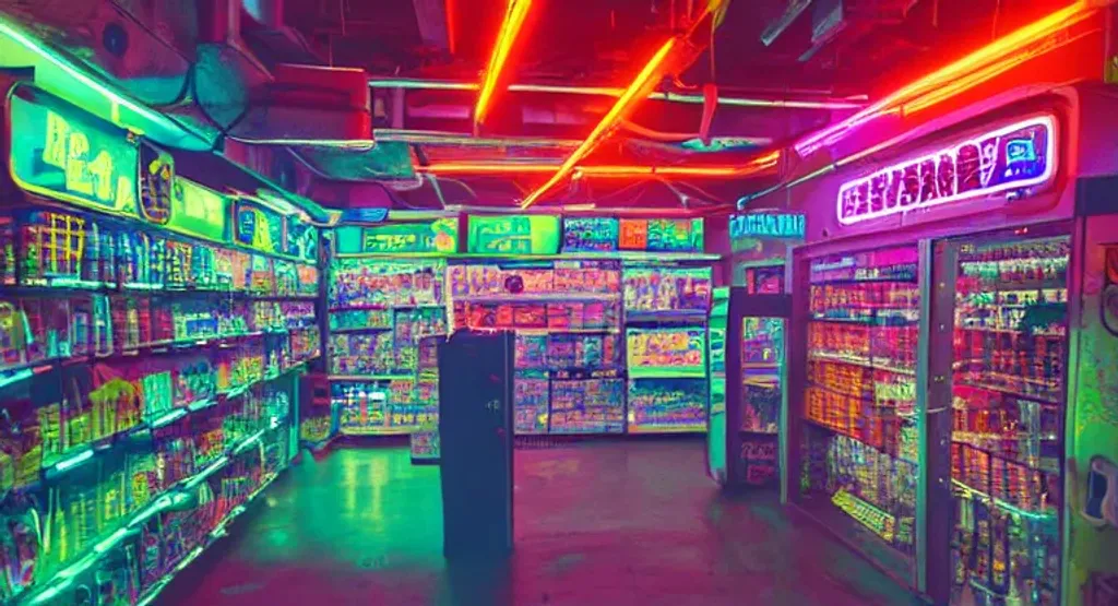 cyberpunk y2k 90's computer parts store with dark ro