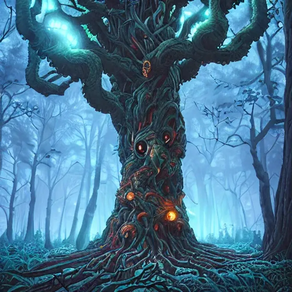 evil tree with eyes in a dark forest by dan mumford,...