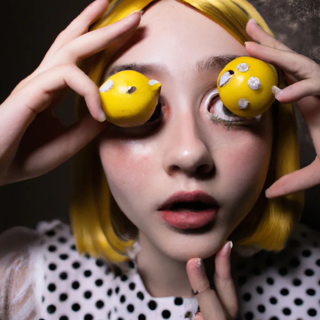 Prompt: closeup portrait photo of a model with yellow & white polka dot hair, holding lemons next to her eyeballs, for a baenciaga photo shoot, gold patterned background, studio lighting, photo realistic, 16k, in the style of vogue, nostalgic, dreamcore, dark