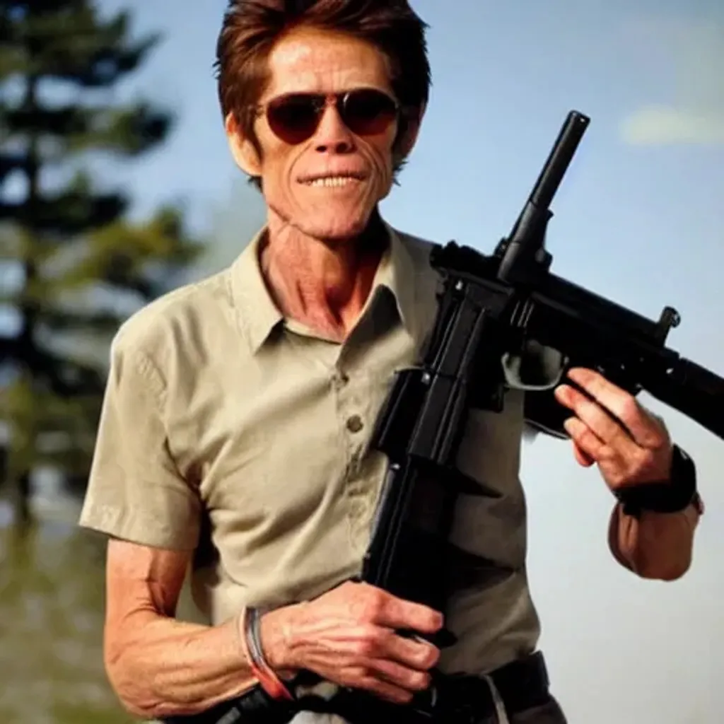 Prompt: Willem Dafoe with an Ak47