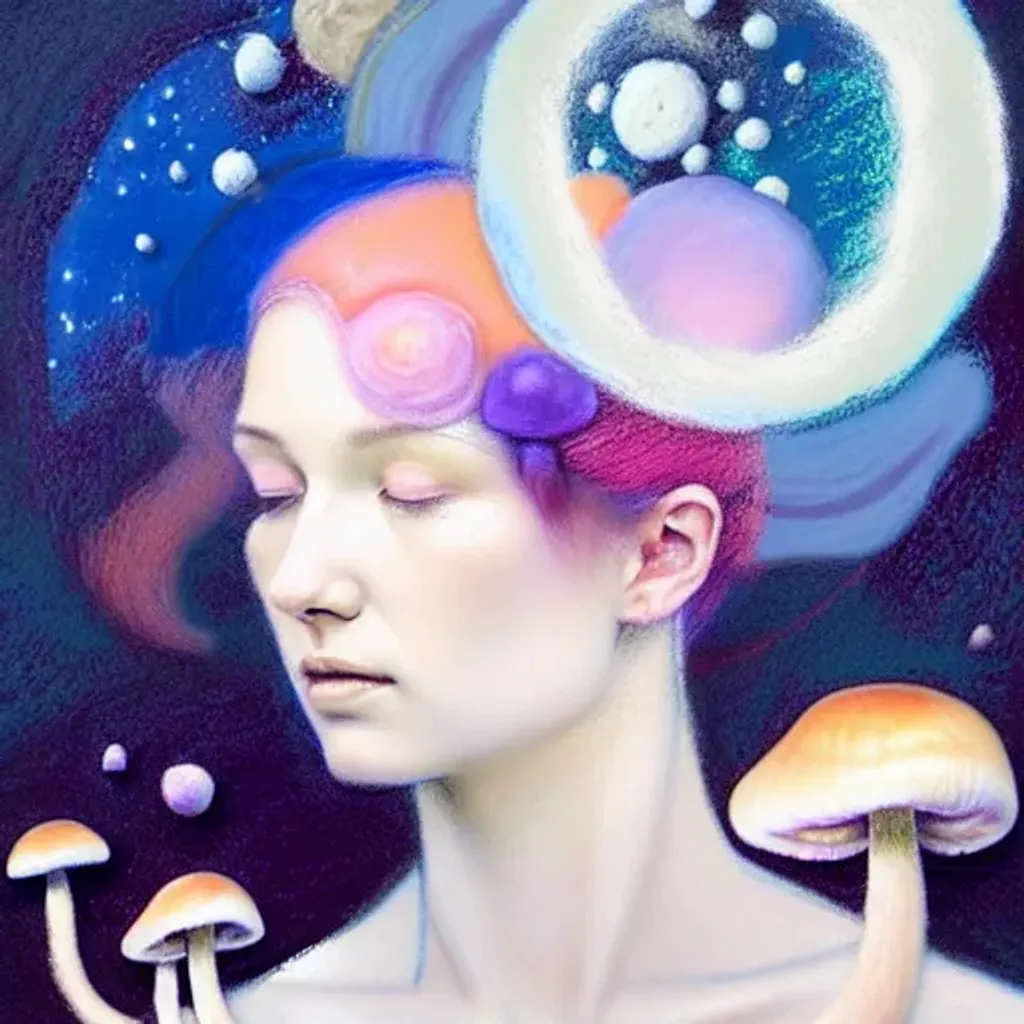 Prompt: Pastel chalk portrait by Ryan Hewett, Beautiful woman, with mushrooms growing out of her hair, victo ngai, hq, fungi, celestial, moon, galaxy, stars 