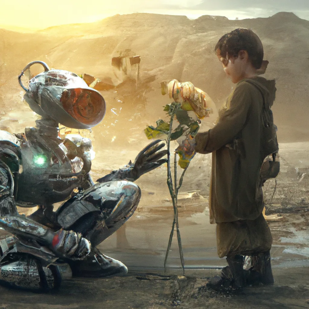 Prompt: 🙂 junk cute adorable handsome young boy wearing futuristic body Armour in a dystopian wasteland, holding hands, watering a red rose using and holding a watering pot, 4 k, hyper realistic, dslr, high resolution, mechanical parts, volumetric lights, sci - fi, blade runner, trending on artstation, sharp focus, studio photo, intricate details, highly detailed