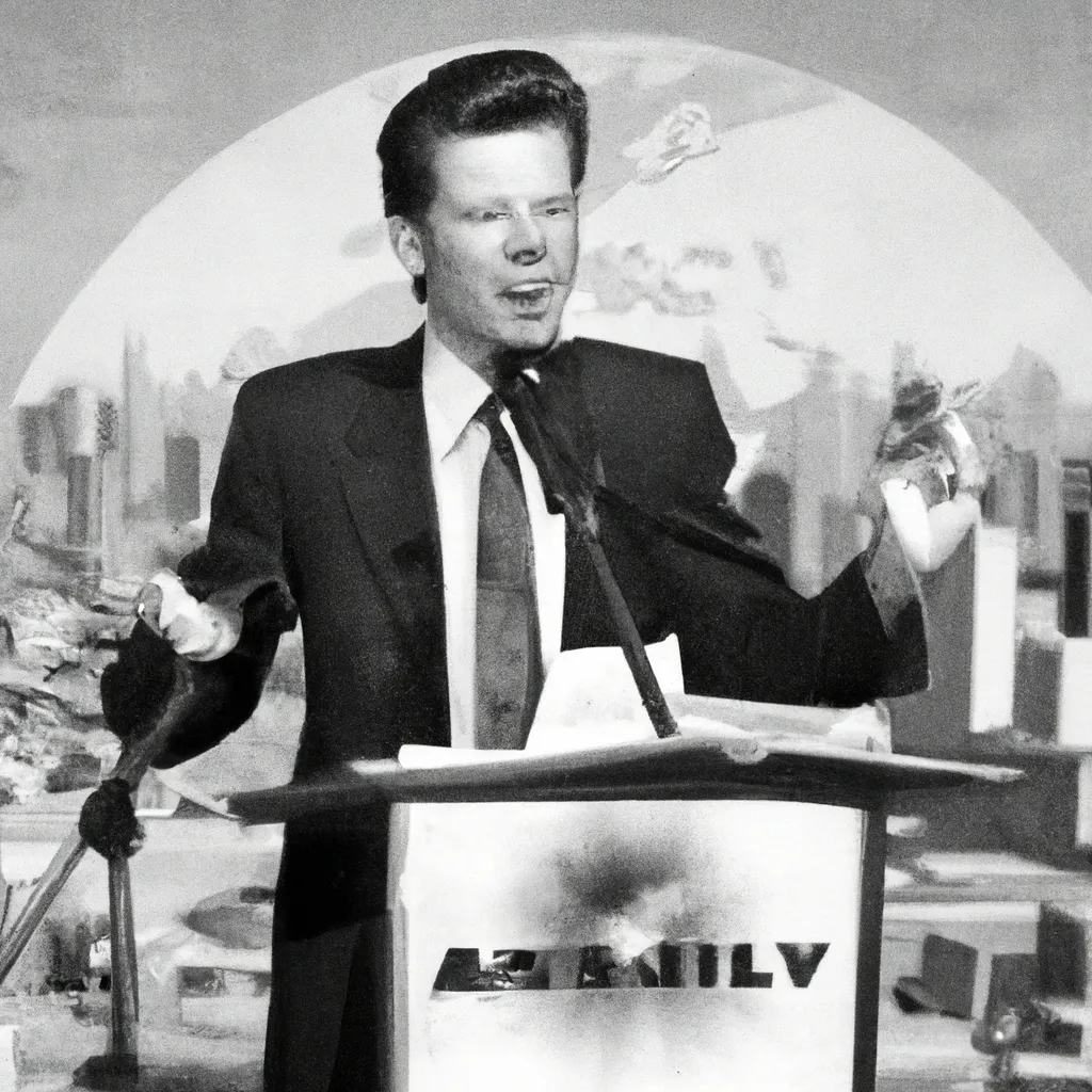 Prompt: A black and white newspaper photo of Rick Astley as the leader of the world giving a great speech to all humankind in a city destroyed by a nuclear war