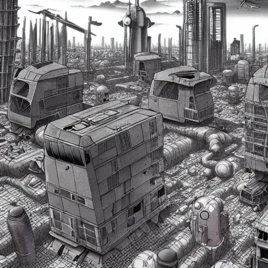 Prompt: Dystopian wasteland izbulbi by yusuke murata and masakazu katsura, artstation, highly-detailed, cgsociety, pencile and ink, city in the background, dark colors