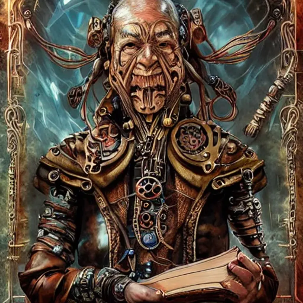 Prompt: Portrait of an ancient and powerful wizard with a steampunk garb and biomechanical enhancements holding an ancient tome of powerful magic, highly detailed, hyper realistic, HDR, 4k