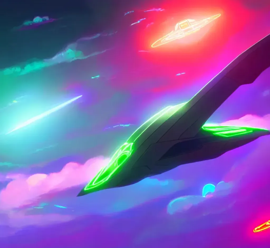 Prompt: A single sleek neon space ship floating in the glowing vastness of space, high def, sharp colors, style of Ghibli studios, intricate details, concept art, 4k, 
