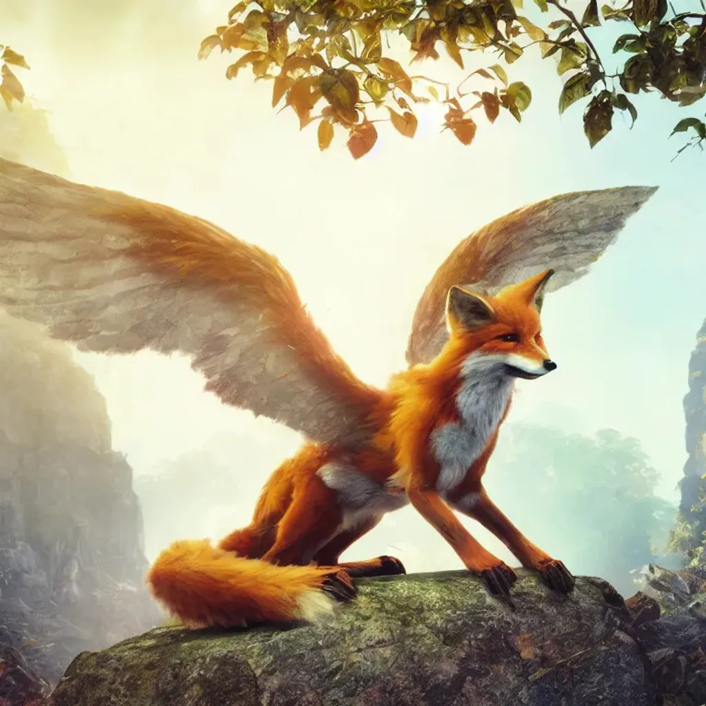 Prompt: splash art of a noble winged fox sitting on a rock with its wings proudly spread, fox with wings enfield, in a jungle, god rays, perfect composition, noon, joyful mood, action shot, heroic fantasy art, special effects, hd octane render