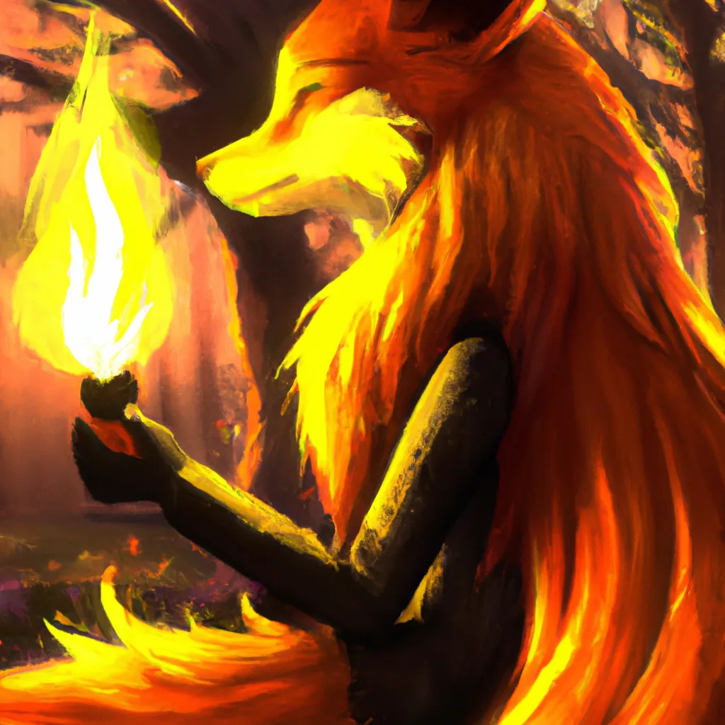 Prompt:  close-up shot  on a cute orange humanoid female anthro fire fox with long orange hair and closed eyes sitting a close to campfire florest and holding a fireball in hands, digital art