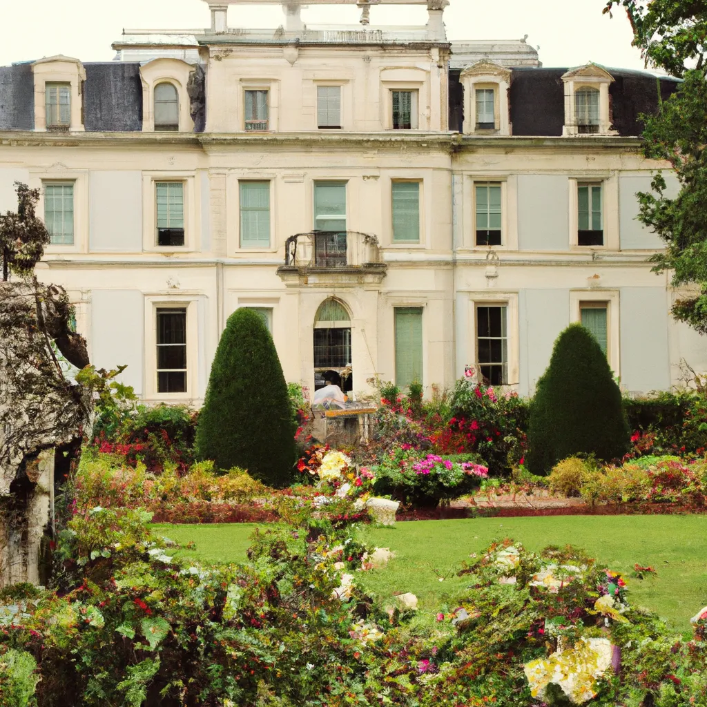 A beautiful garden with a statue. Mansion in the ba... OpenArt