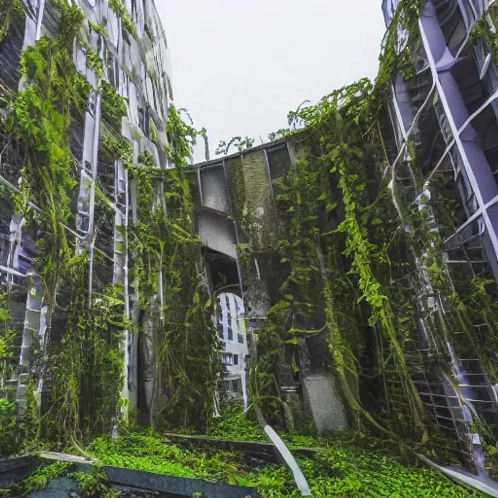 futuristic city ruins with vines growing all over | OpenArt