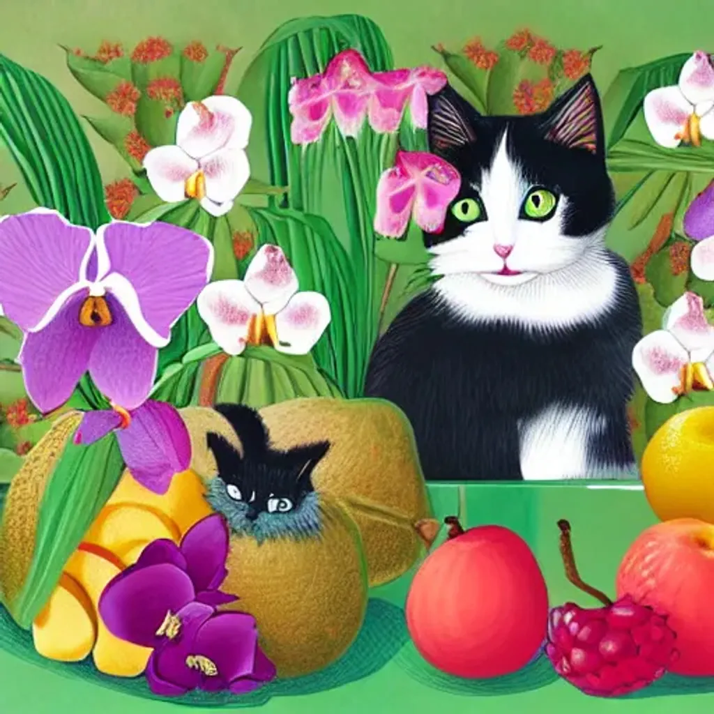 Prompt: cats, orchids, flowers and fruits 