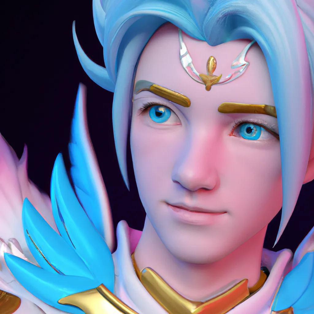 Prompt: Disney style，young prince with bigs eyes, blue hair, white wings, angel like, unreal engine, hyper detailed, photorealistic, octane render, with blue and pink lighting beside the character，4k