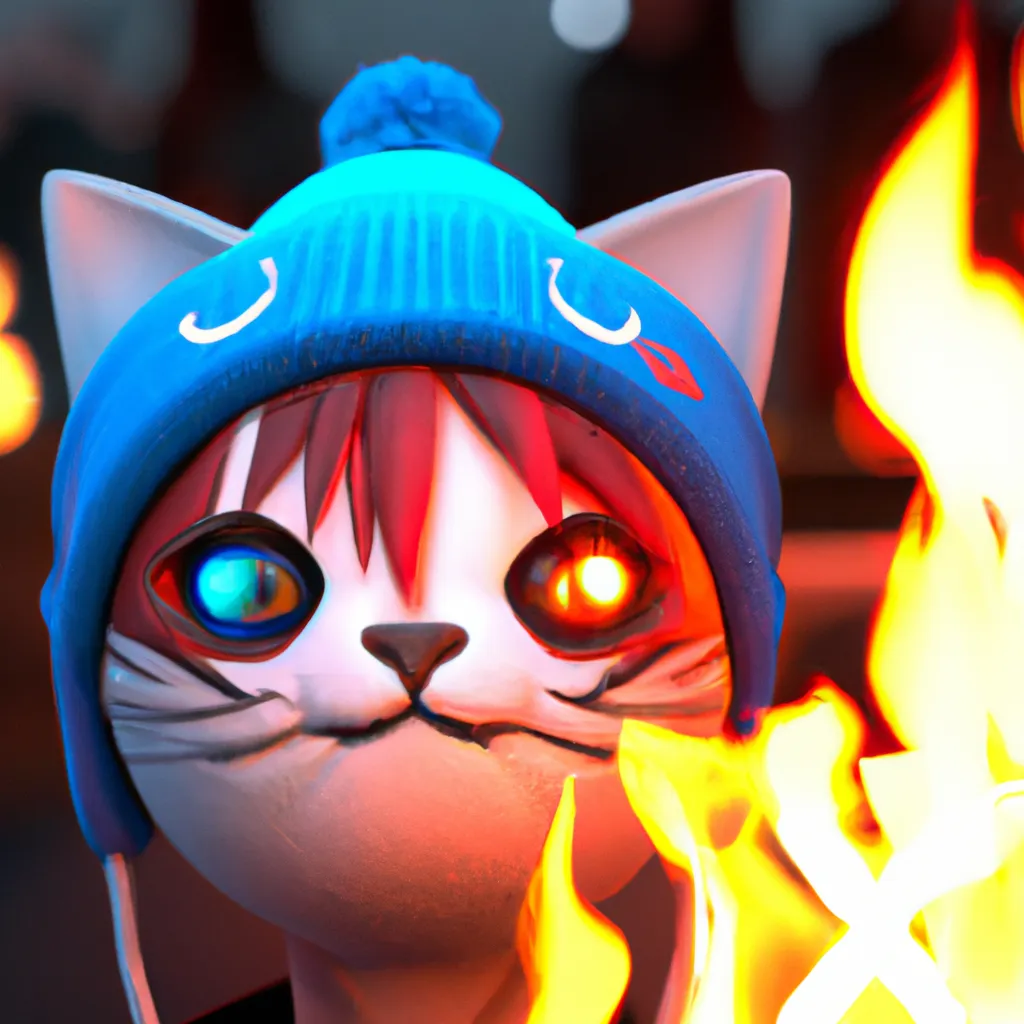 Prompt: A cool Anime character, half cat half jack-o-lantern with blue eyes wearing a beanie, on fire at a concert hall, a character portrait by Andrei Kolkoutine, Artstation, sots art, 3d game art, quantum wavetracing, dark and mysterious