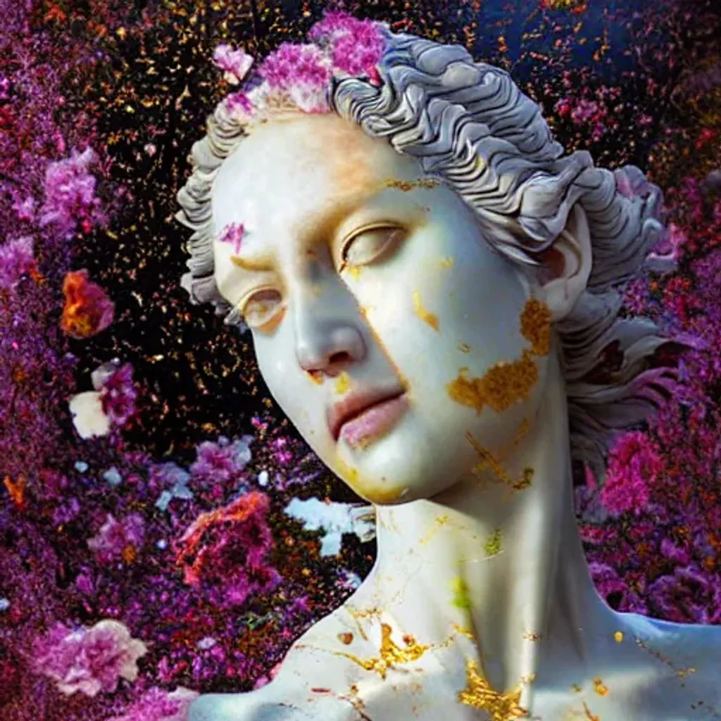 Prompt: realistic 8k digital painting of a stunning intricate cracked multicolored milky marble Ancient Female Statue design Bernini Sculpture. Kintsugi. Angry wasps in the cracks and flying around. by Daytoner, Greg Tocchini, Yoshitaka Amano. sentient mycelium and misty xparticles. Scattered Cherry blossoms Hyperrealism. Subsurface scattering. Octane Render