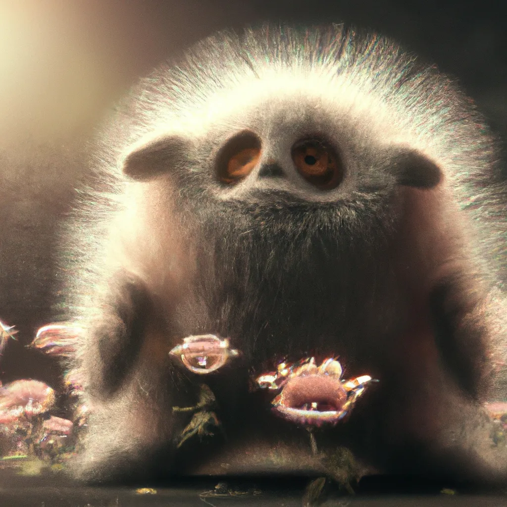 Prompt: Curvaceous Light bending cute furry monster  covered in halogenic Nuclear flowers in the style of Bruce Pennington, Dali, Munch, Escher, Klarwein, Yamamoto, Hattori, Leyendecker, Mullins, Magritte | anemone   | centered |muted desaturated tones | dark background | ultra sharp focus | 3d octane render artstation trending 8k unreal engine | Avatar movie| Disney Pixar Dreamworks 